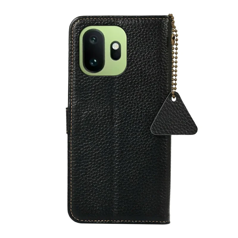 For OnePlus 15T 5G Case RFID Blocking Genuine Cow Leather Phone Cover Litchi Texture - Black