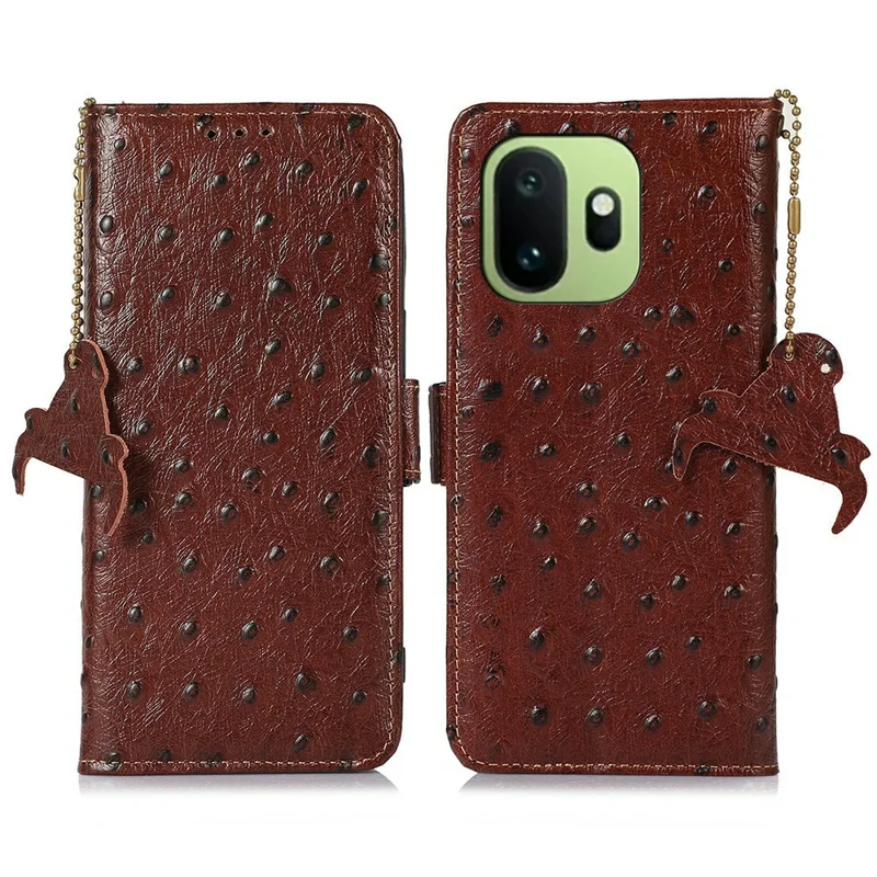For OnePlus 15T 5G Case RFID Blocking Genuine Cow Leather Phone Case Ostrich Texture - Coffee
