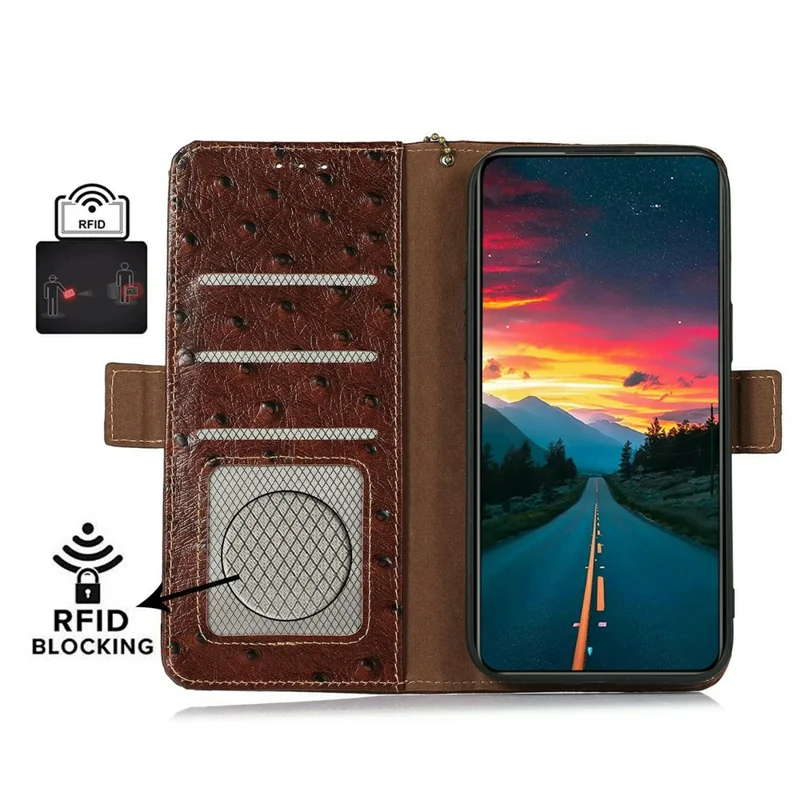 For OnePlus 15T 5G Case RFID Blocking Genuine Cow Leather Phone Case Ostrich Texture - Coffee