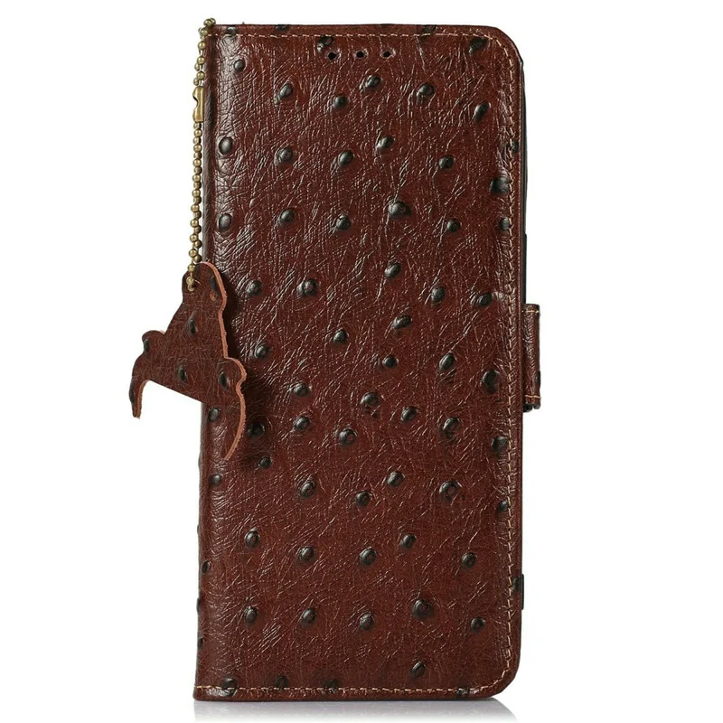 For OnePlus 15T 5G Case RFID Blocking Genuine Cow Leather Phone Case Ostrich Texture - Coffee