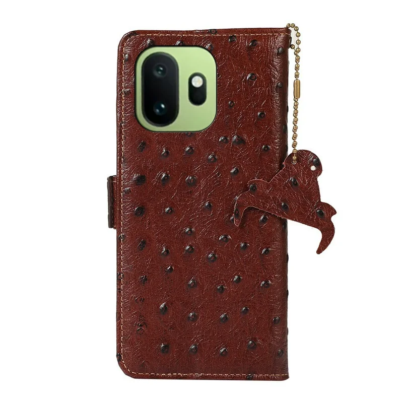 For OnePlus 15T 5G Case RFID Blocking Genuine Cow Leather Phone Case Ostrich Texture - Coffee