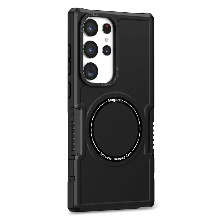 For Samsung Galaxy S23 Ultra Camera Lens Frame Design Hard PC + Soft TPU Phone Case Shockproof Cover Magnetic Wireless Charging - Black