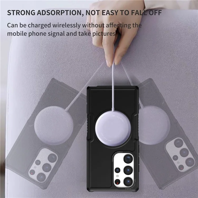 For Samsung Galaxy S23 Ultra Camera Lens Frame Design Hard PC + Soft TPU Phone Case Shockproof Cover Magnetic Wireless Charging - Black