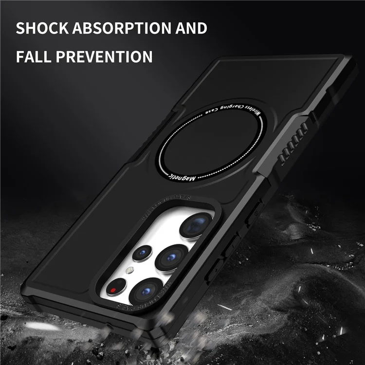 For Samsung Galaxy S23 Ultra Camera Lens Frame Design Hard PC + Soft TPU Phone Case Shockproof Cover Magnetic Wireless Charging - Black