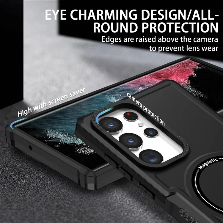 For Samsung Galaxy S23 Ultra Camera Lens Frame Design Hard PC + Soft TPU Phone Case Shockproof Cover Magnetic Wireless Charging - Black