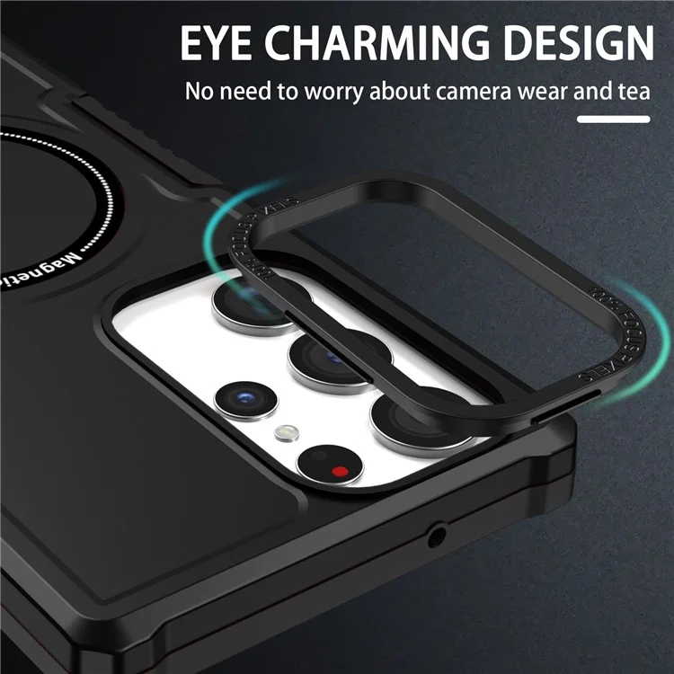 For Samsung Galaxy S23 Ultra Camera Lens Frame Design Hard PC + Soft TPU Phone Case Shockproof Cover Magnetic Wireless Charging - Black