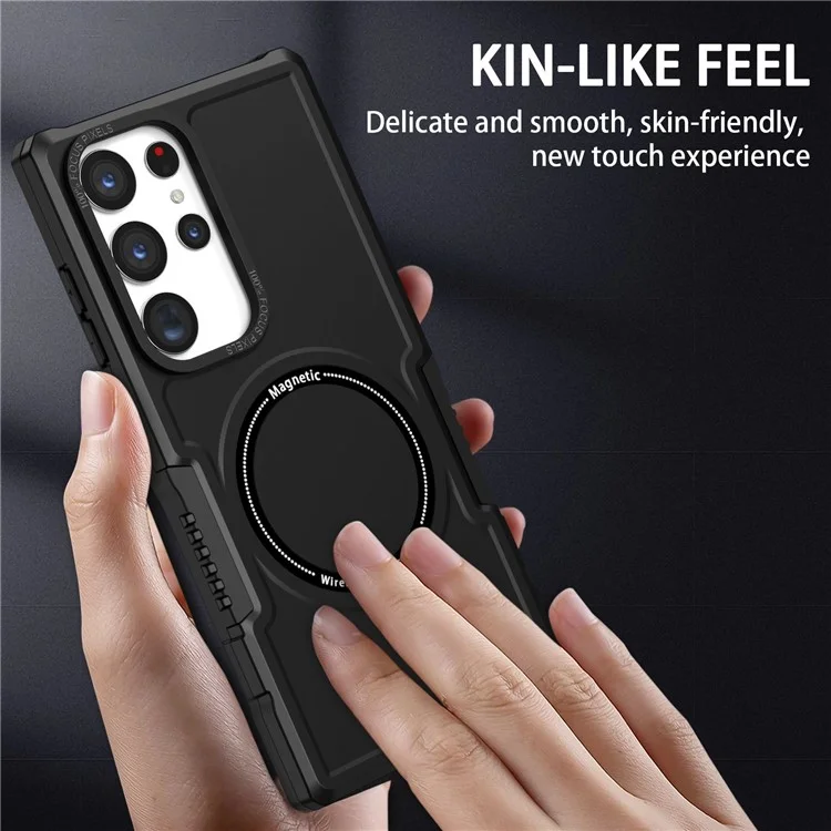 For Samsung Galaxy S23 Ultra Camera Lens Frame Design Hard PC + Soft TPU Phone Case Shockproof Cover Magnetic Wireless Charging - Black