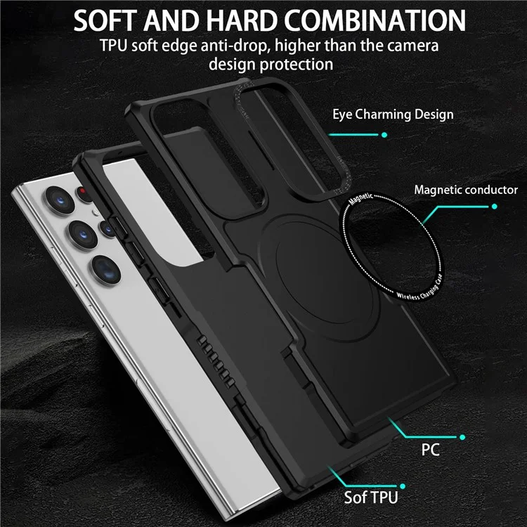For Samsung Galaxy S23 Ultra Camera Lens Frame Design Hard PC + Soft TPU Phone Case Shockproof Cover Magnetic Wireless Charging - Black