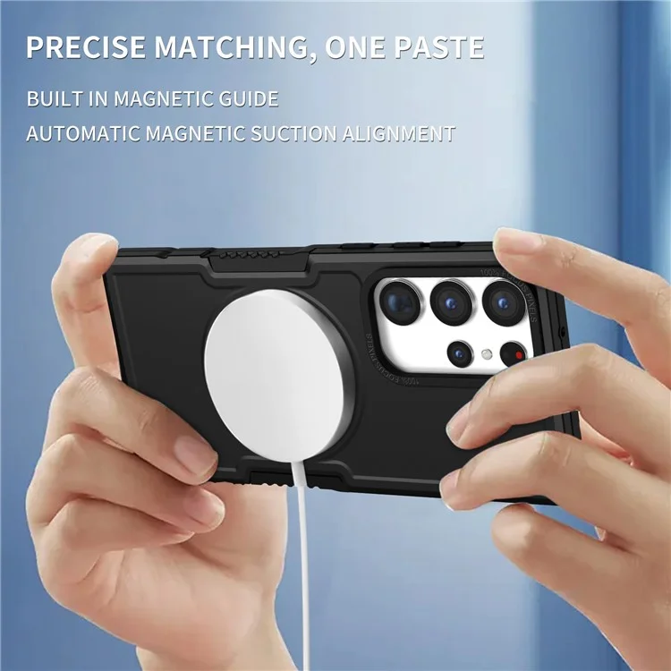 For Samsung Galaxy S23 Ultra Camera Lens Frame Design Hard PC + Soft TPU Phone Case Shockproof Cover Magnetic Wireless Charging - Black