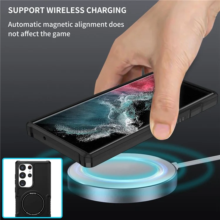 For Samsung Galaxy S23 Ultra Camera Lens Frame Design Hard PC + Soft TPU Phone Case Shockproof Cover Magnetic Wireless Charging - Black