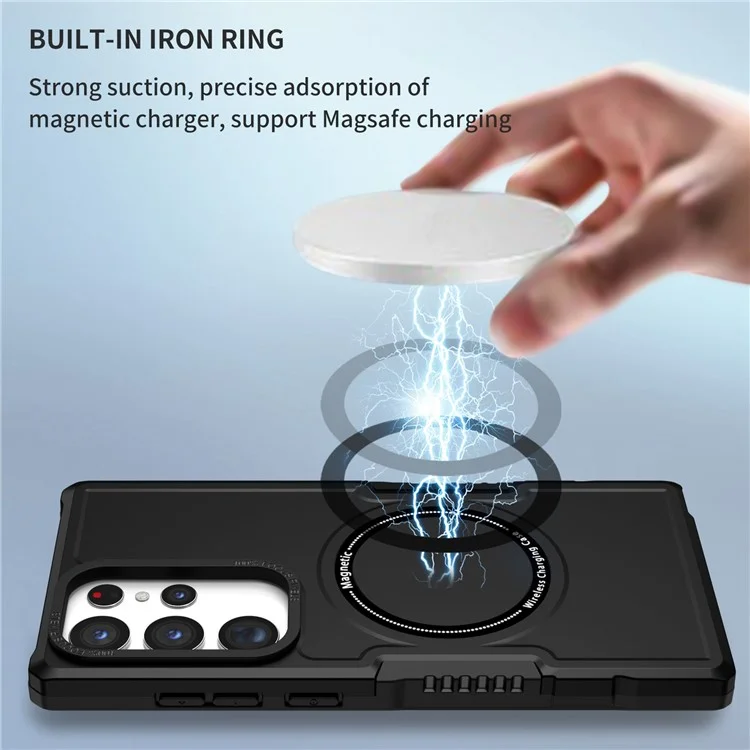 For Samsung Galaxy S23 Ultra Camera Lens Frame Design Hard PC + Soft TPU Phone Case Shockproof Cover Magnetic Wireless Charging - Black