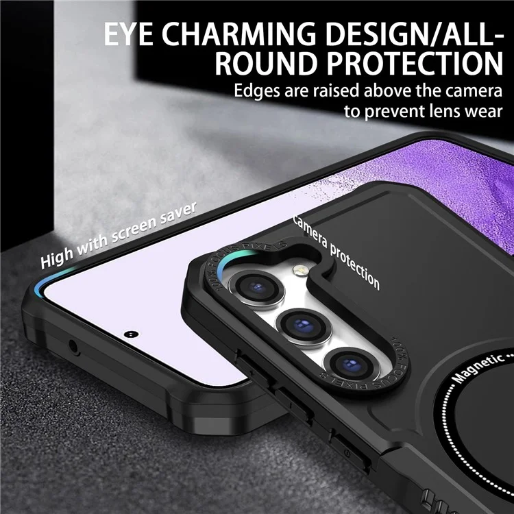 For Samsung Galaxy S23 Camera Lens Frame Design Phone Protective Cover PC + TPU Anti-drop Case Magnetic Wireless Charging - Black