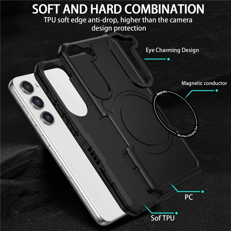 For Samsung Galaxy S23 Camera Lens Frame Design Phone Protective Cover PC + TPU Anti-drop Case Magnetic Wireless Charging - Black