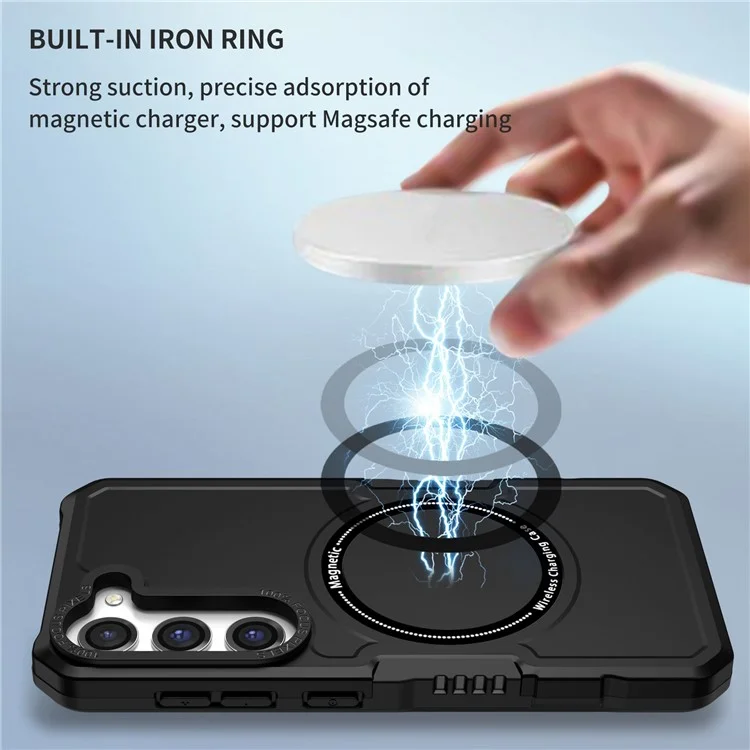 For Samsung Galaxy S23 Camera Lens Frame Design Phone Protective Cover PC + TPU Anti-drop Case Magnetic Wireless Charging - Black