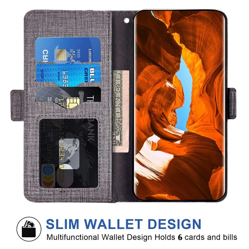 For Samsung Galaxy A27 Case Jean Cloth Texture PU Leather Wallet Phone Cover with Rotating Card Slots - Grey
