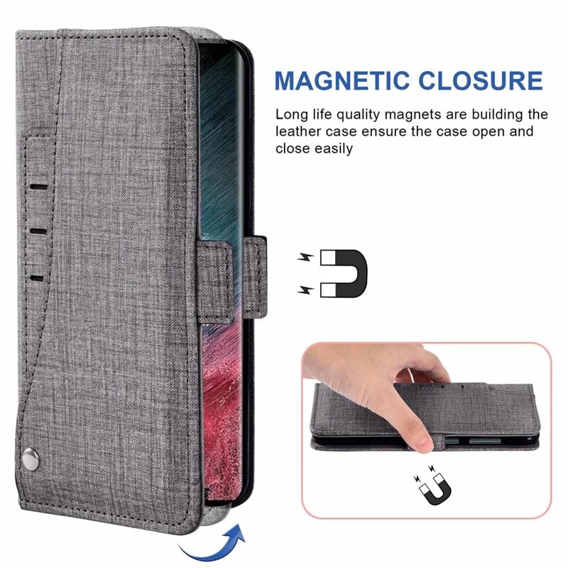 For Samsung Galaxy A27 Case Jean Cloth Texture PU Leather Wallet Phone Cover with Rotating Card Slots - Grey