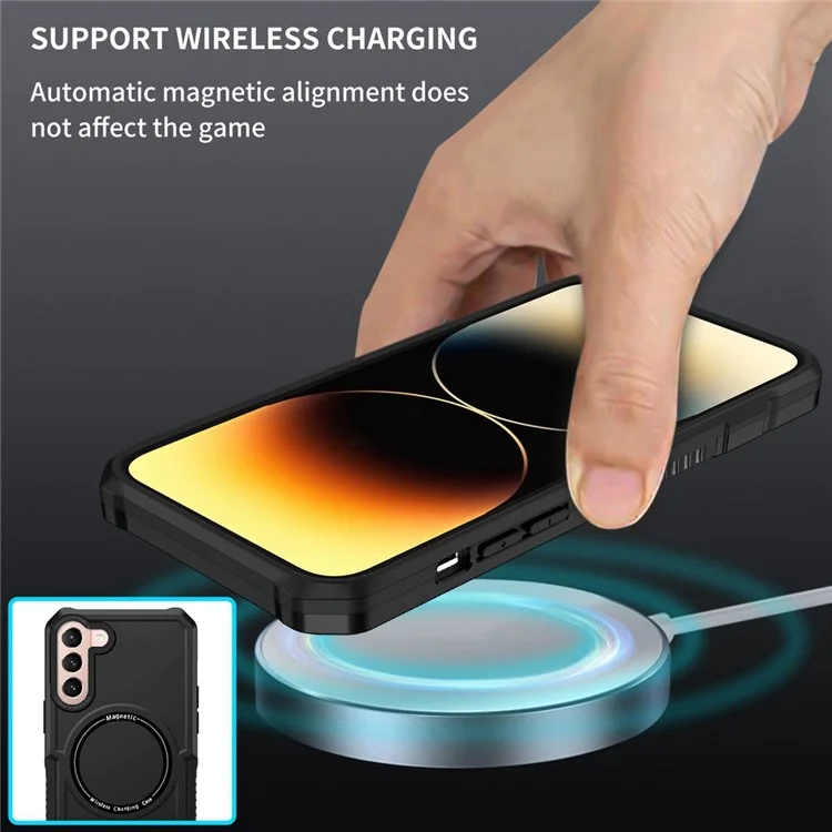 For Samsung Galaxy S22+ 5G Camera Lens Frame PC + TPU Case Anti-scratch Phone Cover Magnetic Wireless Charging - Black