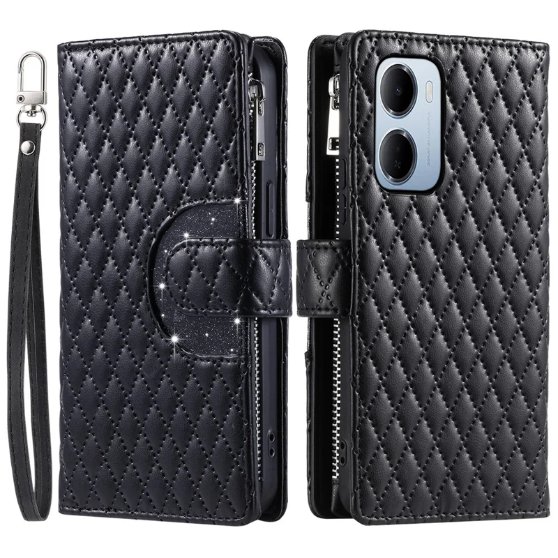 For Xiaomi Redmi 15a 5G Phone Case Zipper Pocket Glitter Leather Phone Cover with Wrist Strap - Black