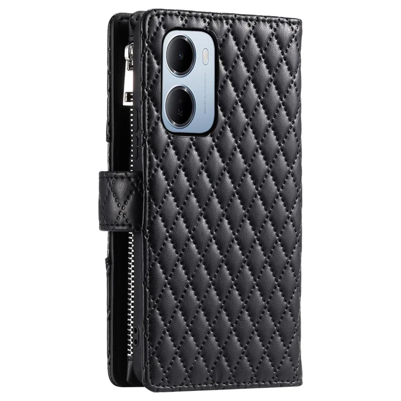 For Xiaomi Redmi 15a 5G Phone Case Zipper Pocket Glitter Leather Phone Cover with Wrist Strap - Black