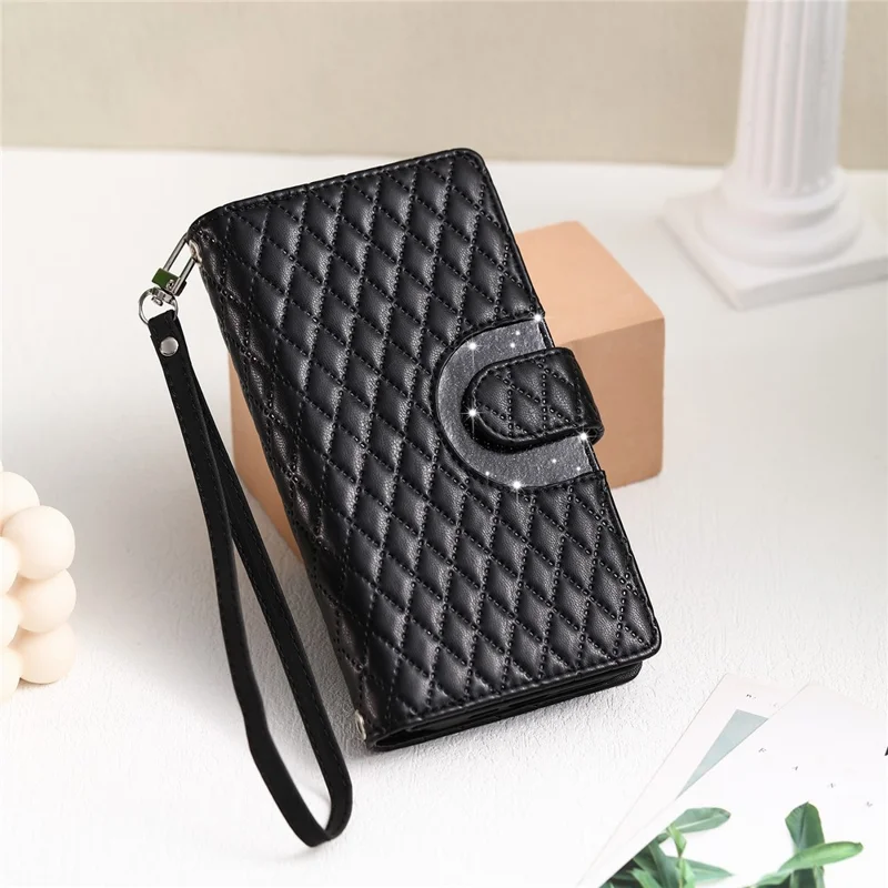 For Xiaomi Redmi 15a 5G Phone Case Zipper Pocket Glitter Leather Phone Cover with Wrist Strap - Black