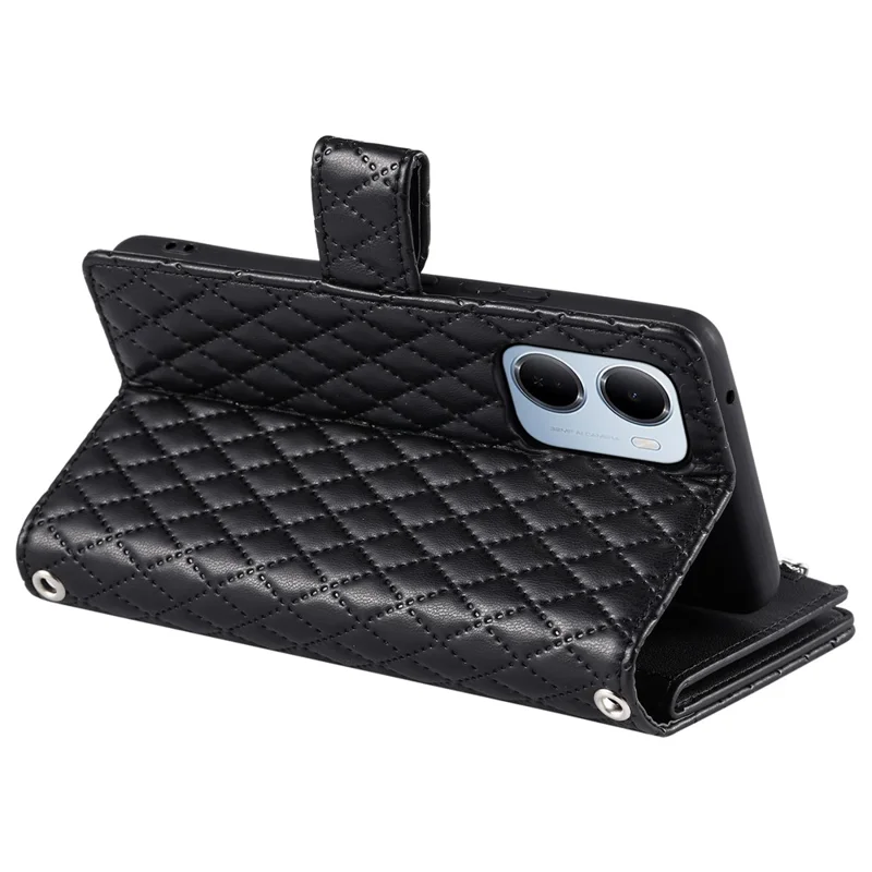 For Xiaomi Redmi 15a 5G Phone Case Zipper Pocket Glitter Leather Phone Cover with Wrist Strap - Black