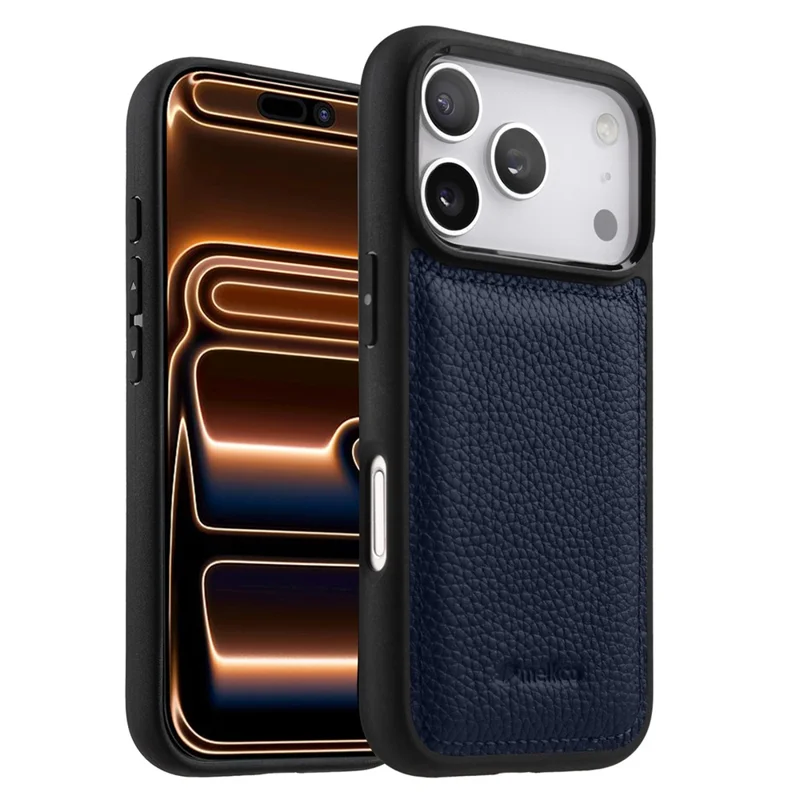 MELKCO Pour iPhone 17 Pro Max Coque en Cuir de Vache Véritable avec Revêtement PC - Bleu Foncé