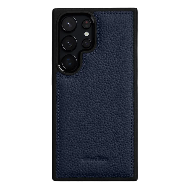 MELKCO For Samsung Galaxy S25 Ultra Case Genuine Cow Leather Coated PC Phone Cover - Dark Blue