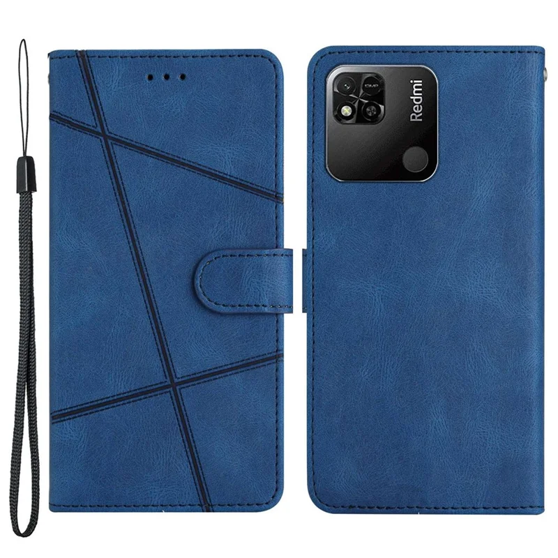 Crazy Horse Texture Cope Phone Для Xiaomi Redmi 10a, Отпечатанная Линейная Декор Кошелька Кошелька. Кожаный Телефон с Ремешком - Синий
