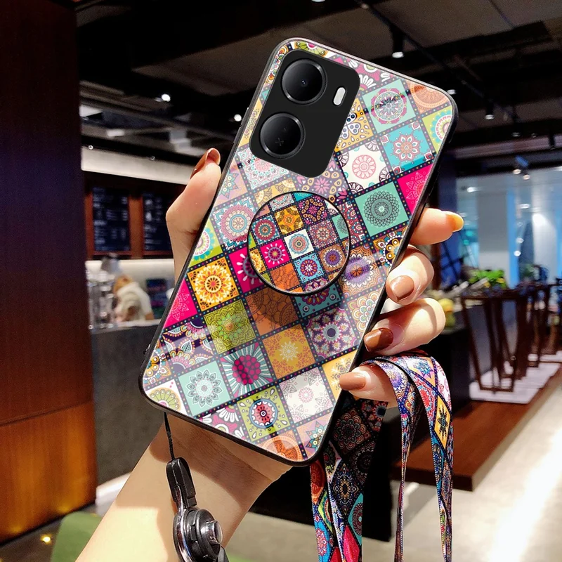 For Xiaomi Redmi 15a 5G Phone Case Kickstand Ethnic Pattern Tempered Glass Phone Cover with Strap - Color Pattern