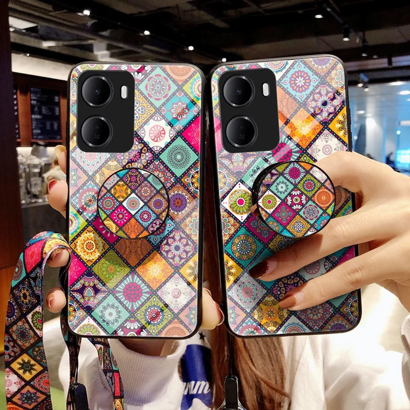 For Xiaomi Redmi 15a 5G Phone Case Kickstand Ethnic Pattern Tempered Glass Phone Cover with Strap - Color Pattern