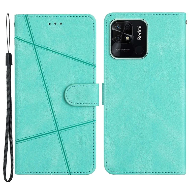 cu Leather Phone Case Для Xiaomi Redmi 10c 4G, Отпечатанная Линейная Декор. Кошелек Стенд Сумасшедшая Конная Текстура с Ремешком - Зеленый