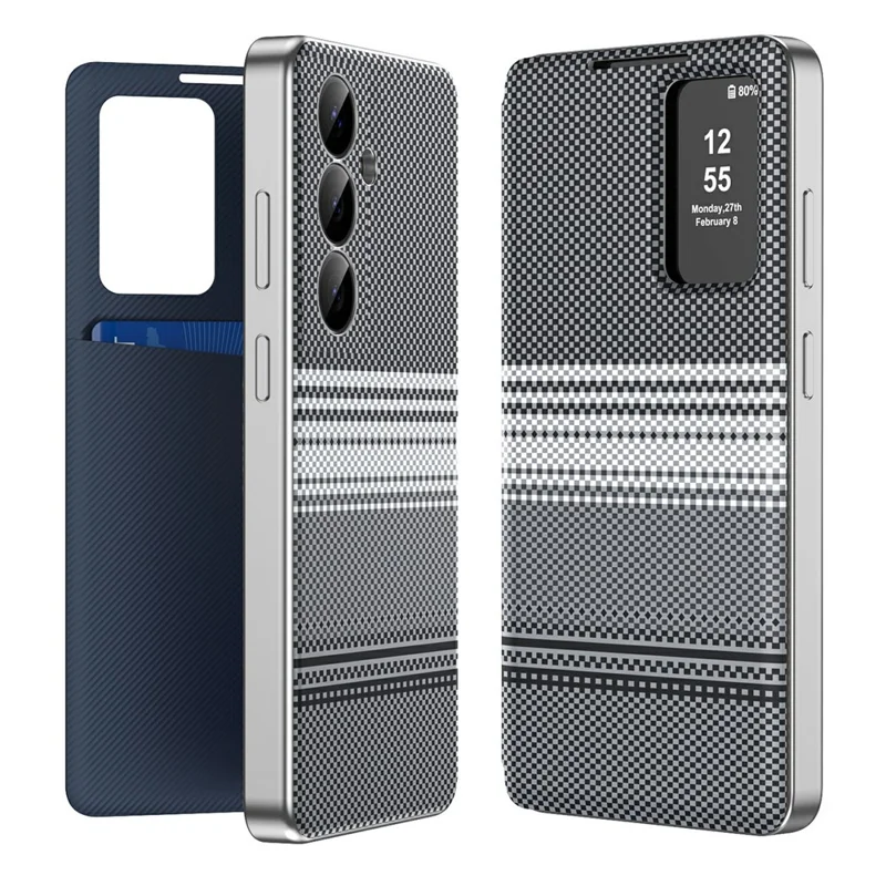 Étui pour Samsung Galaxy A55 5G avec fenêtre d'affichage, fente pour carte, couleur dégradée, motif damier, housse en cuir - Noir