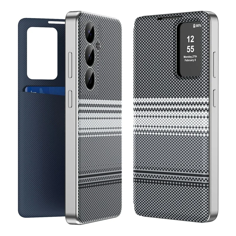 Capa para Samsung Galaxy S23 FE com Janela de Visualização, Ranhura para Cartões, Cor Gradiente e Padrão Xadrez em Pele - Preto