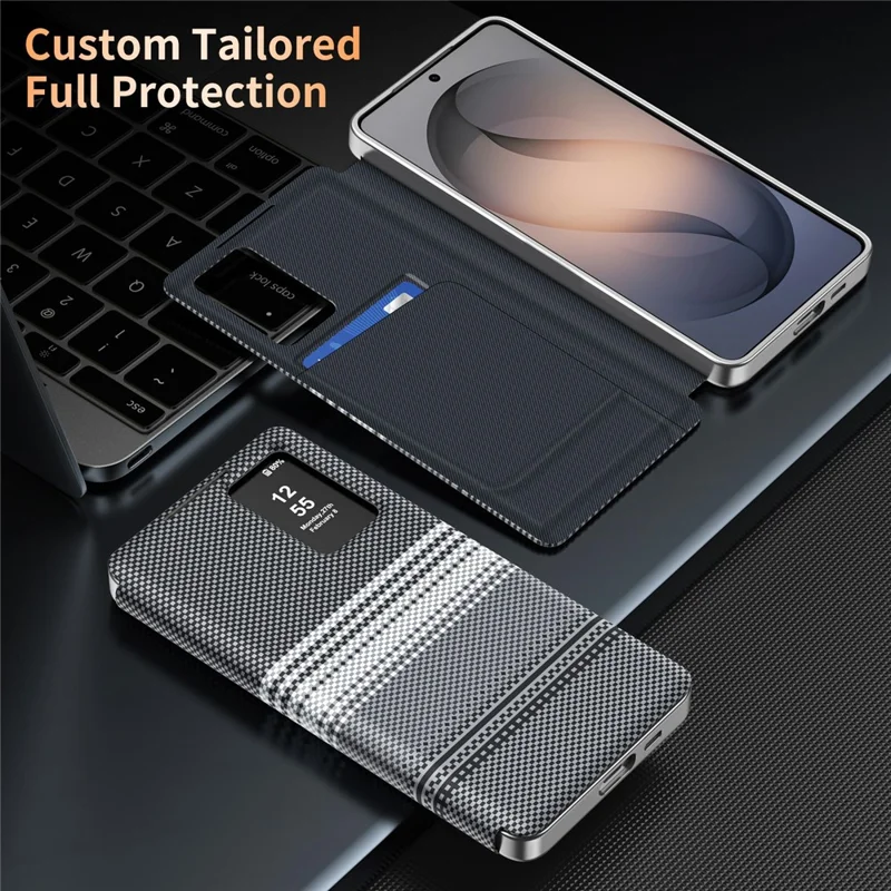 For Samsung Galaxy S25+ Case Card Slot View Window Gradient Color Checkered Pattern Leather Phone Cover - Black