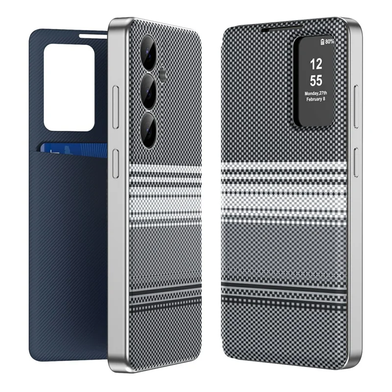 For Samsung Galaxy S24+ Case Card Slot View Window Gradient Color Checkered Pattern Leather Phone Cover - Black