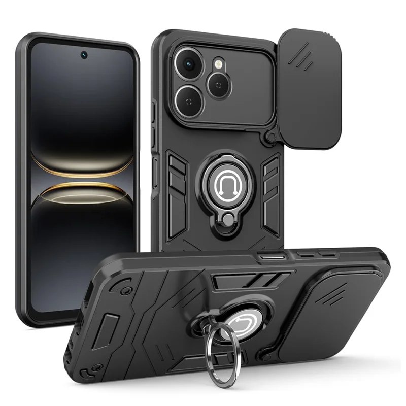 For TECNO Spark 40 4G Case Slide Camshield Kickstand PC + TPU Phone Cover - Black