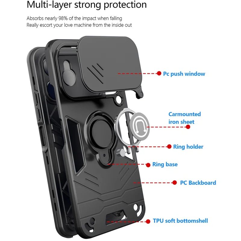 For TECNO Spark 40 4G Case Slide Camshield Kickstand PC + TPU Phone Cover - Black