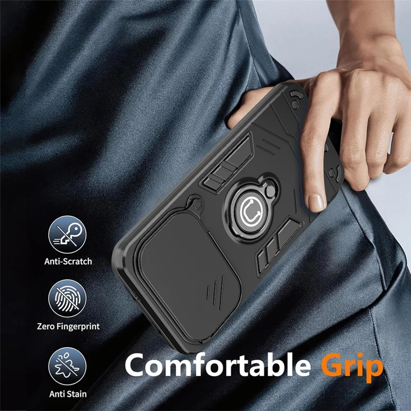 For TECNO Spark 40 4G Case Slide Camshield Kickstand PC + TPU Phone Cover - Black