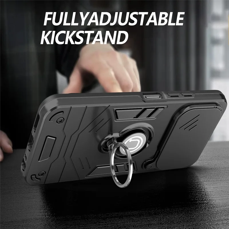 For TECNO Spark 40 4G Case Slide Camshield Kickstand PC + TPU Phone Cover - Black