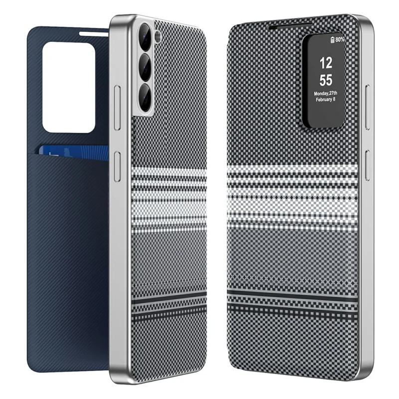 Für Samsung Galaxy S22 5G Hülle mit Kartenfach, Sichtfenster, verlaufender Farbe, kariertem Muster, Lederschutzhülle - Schwarz