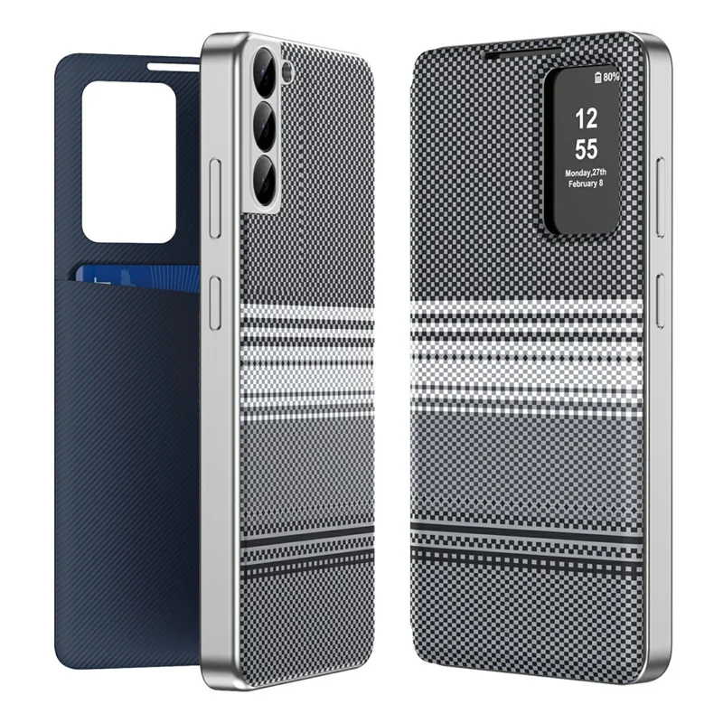 حالة بطاقة Samsung Galaxy S22+ 5G مع نافذة عرض متعددة الألوان وأنماط مربعة من الجلد - أسود