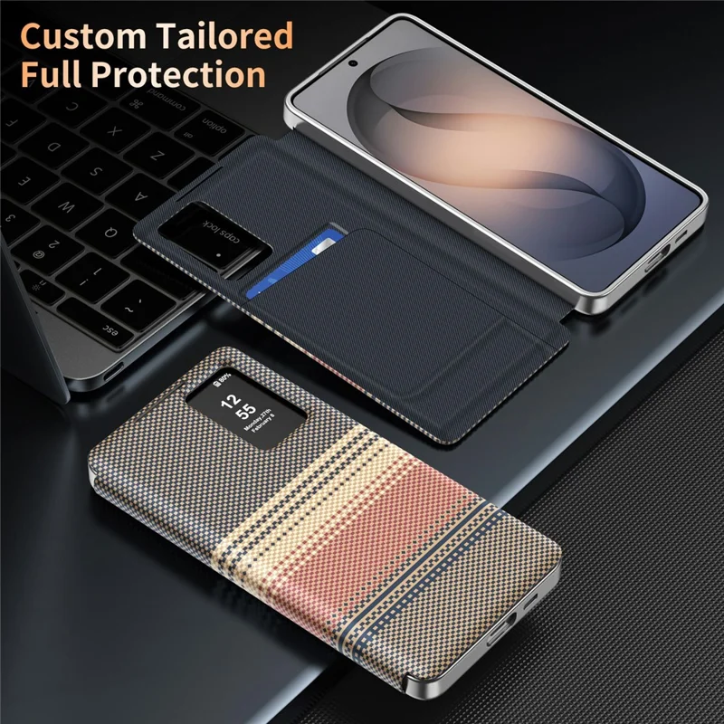 For Samsung Galaxy S23 Case Card Slot View Window Gradient Color Checkered Pattern Leather Phone Cover - Brown