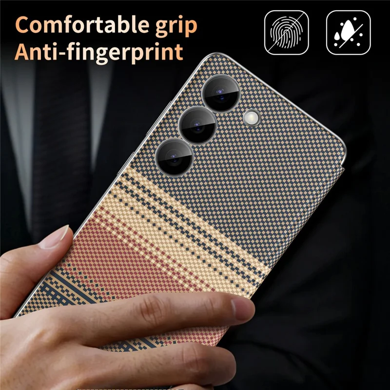 For Samsung Galaxy S23 Case Card Slot View Window Gradient Color Checkered Pattern Leather Phone Cover - Brown