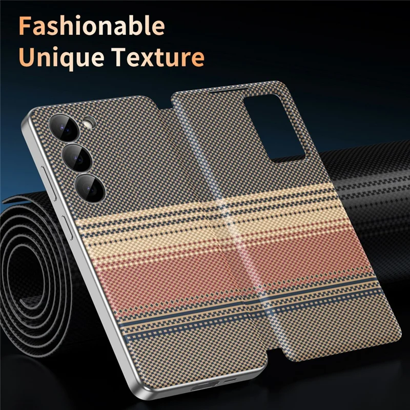 For Samsung Galaxy S23 Case Card Slot View Window Gradient Color Checkered Pattern Leather Phone Cover - Brown