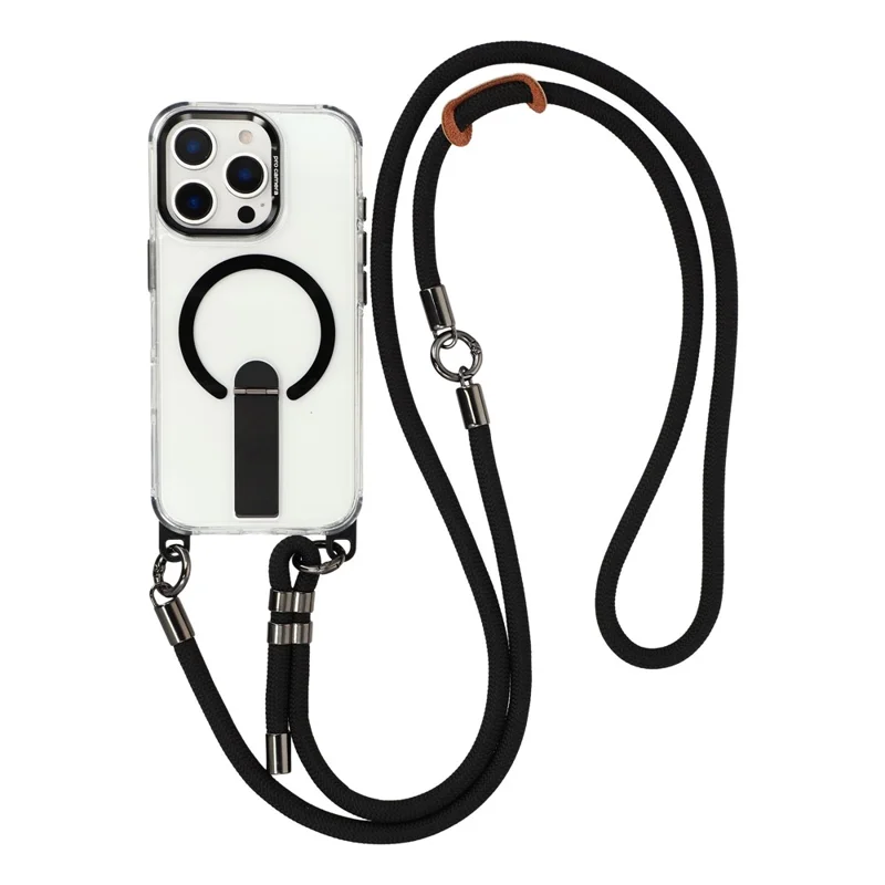 For iPhone 16 Pro Max Magnetic Case with Kickstand and 3-in-1 8mm 220cm Length Strap PC TPU Phone Cover - Black