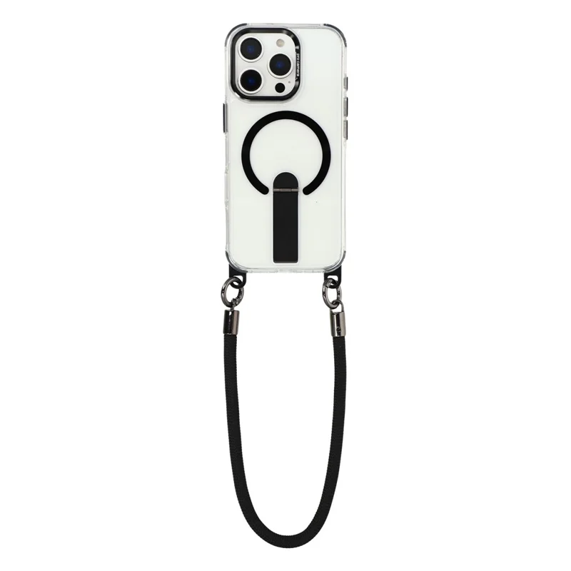 For iPhone 16 Pro Max Magnetic Case with Kickstand and 3-in-1 8mm 220cm Length Strap PC TPU Phone Cover - Black