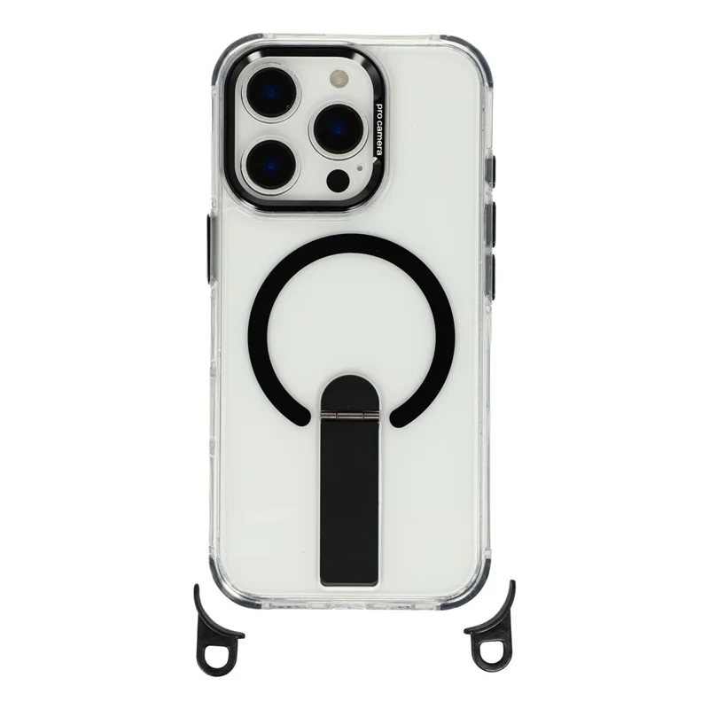 For iPhone 16 Pro Max Magnetic Case with Kickstand and 3-in-1 8mm 220cm Length Strap PC TPU Phone Cover - Black