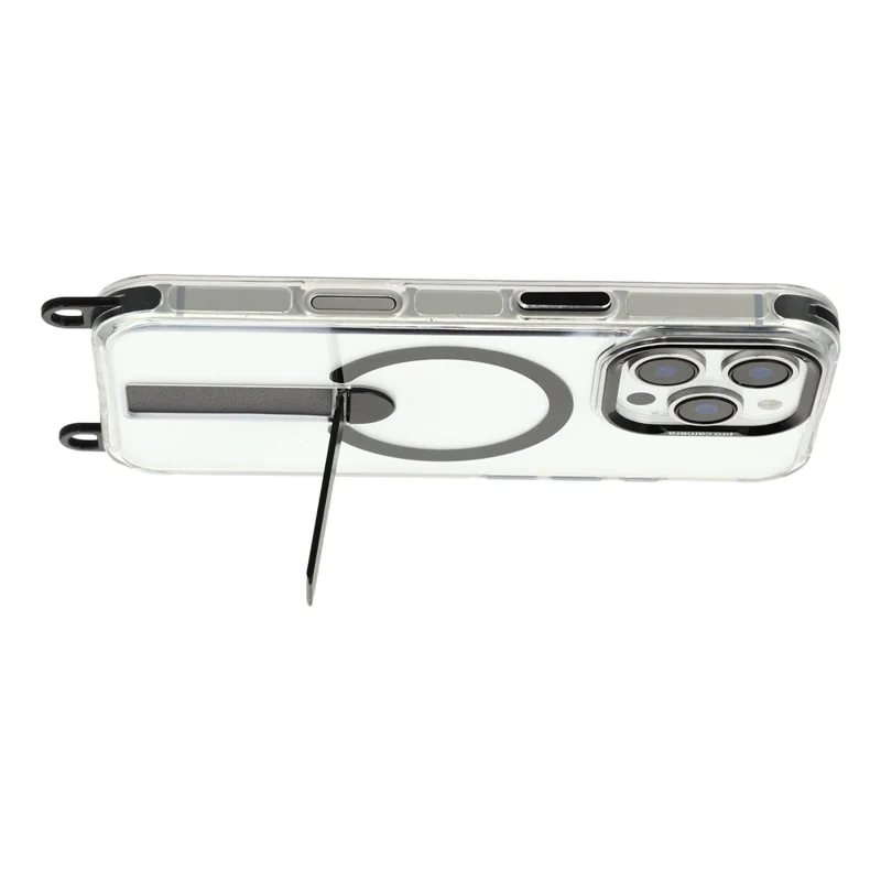 For iPhone 16 Pro Max Magnetic Case with Kickstand and 3-in-1 8mm 220cm Length Strap PC TPU Phone Cover - Black