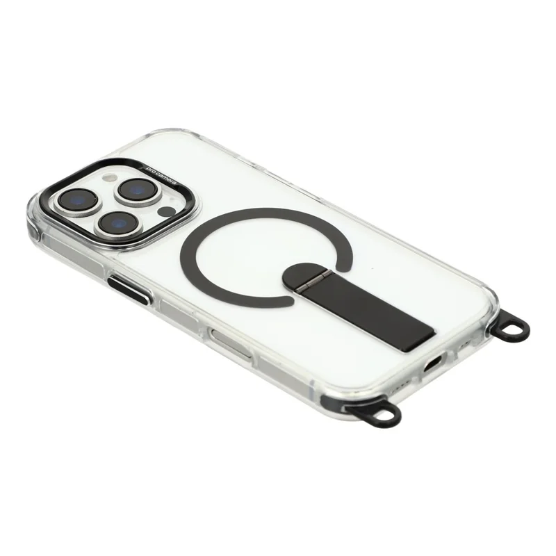 For iPhone 16 Pro Max Magnetic Case with Kickstand and 3-in-1 8mm 220cm Length Strap PC TPU Phone Cover - Black