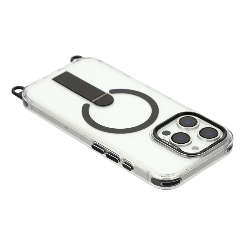 For iPhone 16 Pro Max Magnetic Case with Kickstand and 3-in-1 8mm 220cm Length Strap PC TPU Phone Cover - Black
